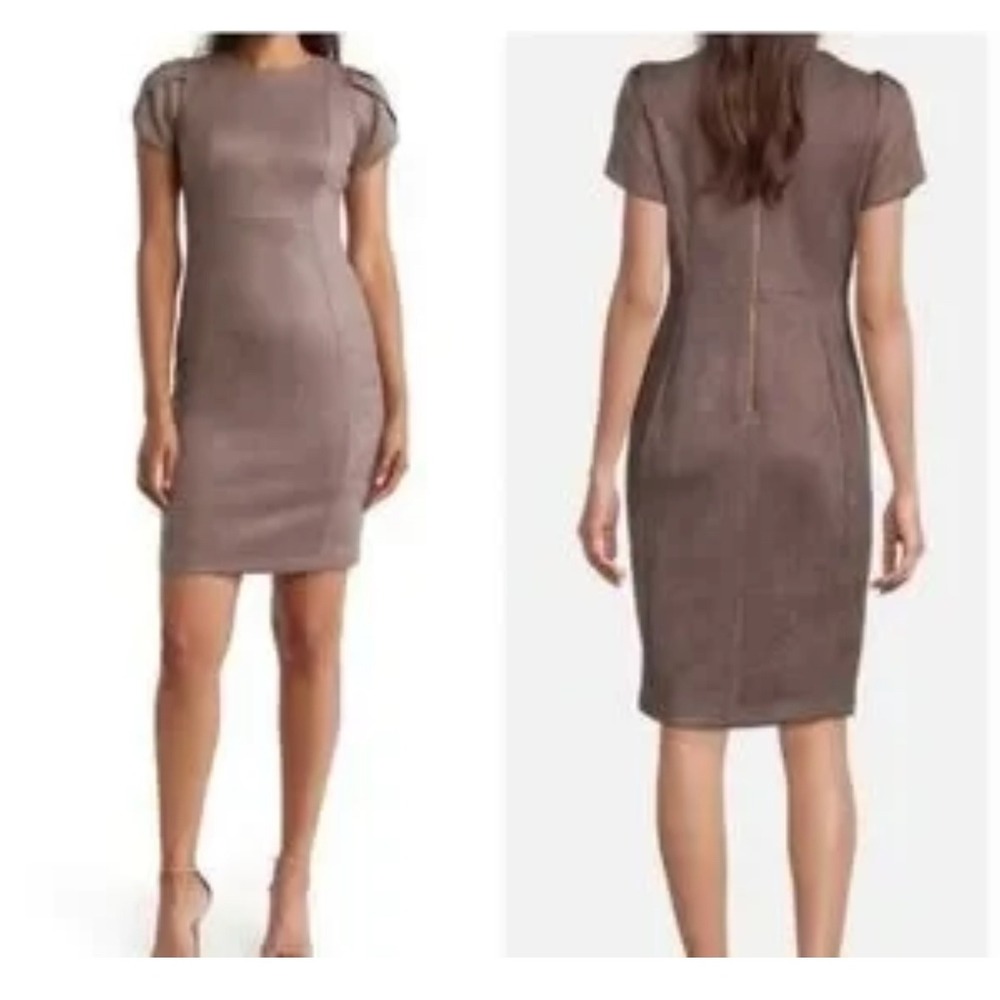 Calvin‎ Klein Tulip Faux Suede Sheath Dress Cap Sleeve